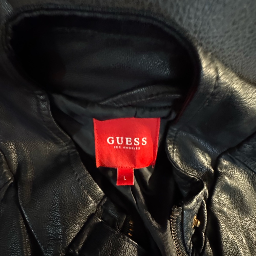 Guess Black Leather Jacket with Gold Accents